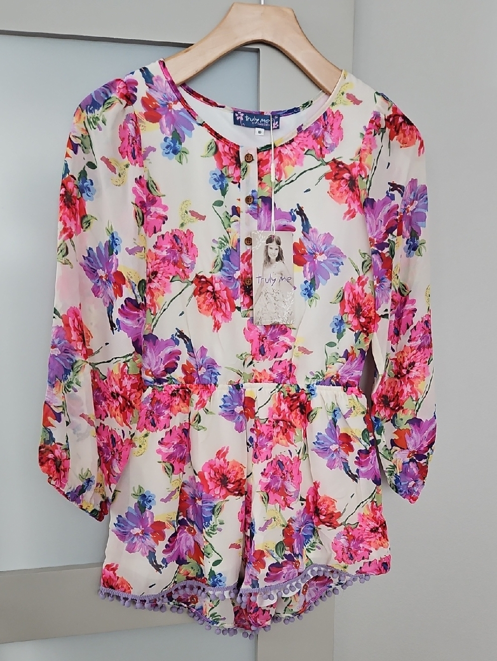 Truly Me Cream Floral One-Piece with Pink & Purple Blooms Romper